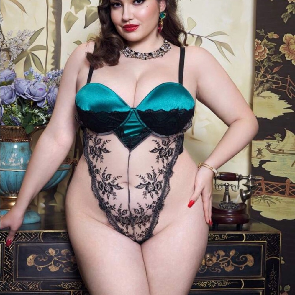 Teal Green Satin and Black Lace Teddy Bodysuit